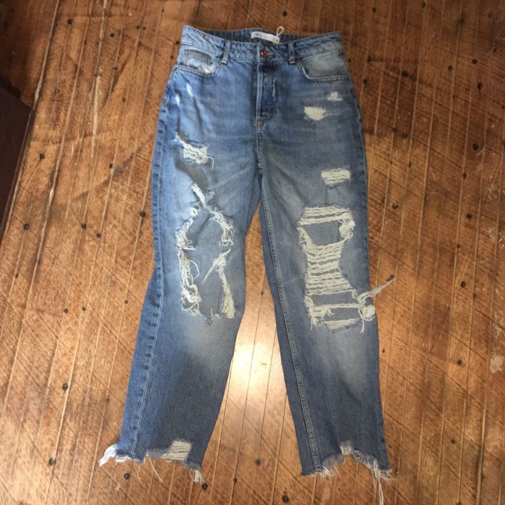 Zara ripped distressed light wash boyfriend jeans
